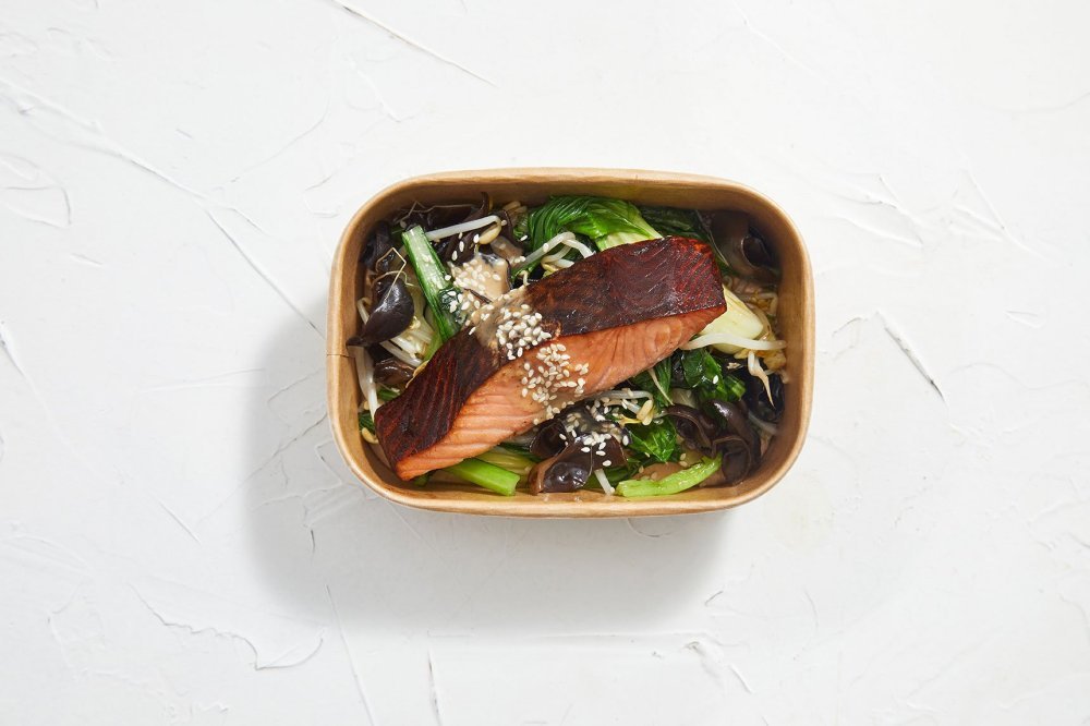 Honey-Soy-Atlantic-Salmon,-Asian-Greens,-Black-Fungus-and-Sesame-seed-dressing---Individual-Hot-Meals