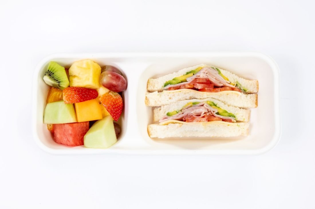 Smoked Ham, Tomato, Avocado and Tasty Cheese Sandwich + Fruit salad 