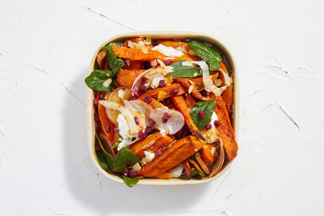 Harissa Roasted Carrot Salad w/ Baby Spinach, Almonds, Fennel, Pomegranate, radish and Tahini Yoghurt