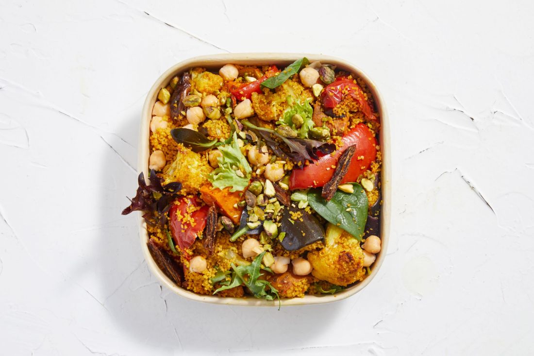 Individual: Cous Cous w/ Chermoula Spiced Roast Vegetables, Chickpeas, dates, Cumin roasted cauliflower and Pistachio, served with Preserved Lemon Dressing