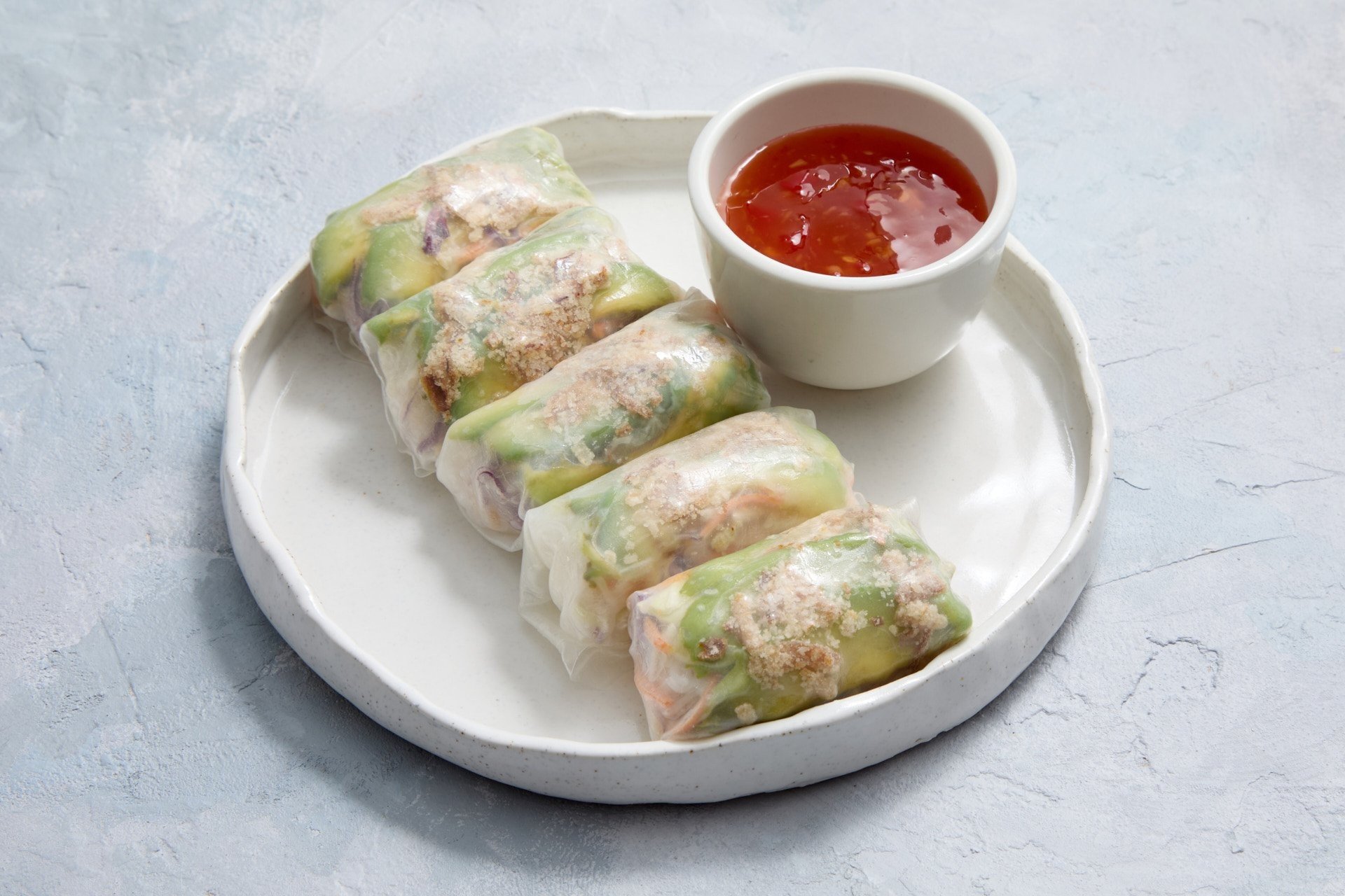 Avocado, Fried shallot and Vegetable rice paper rolls with sweet chilli sauce (Vegetarian, Vegan, Dairy Free, Gluten Free, Nut Free) - per piece