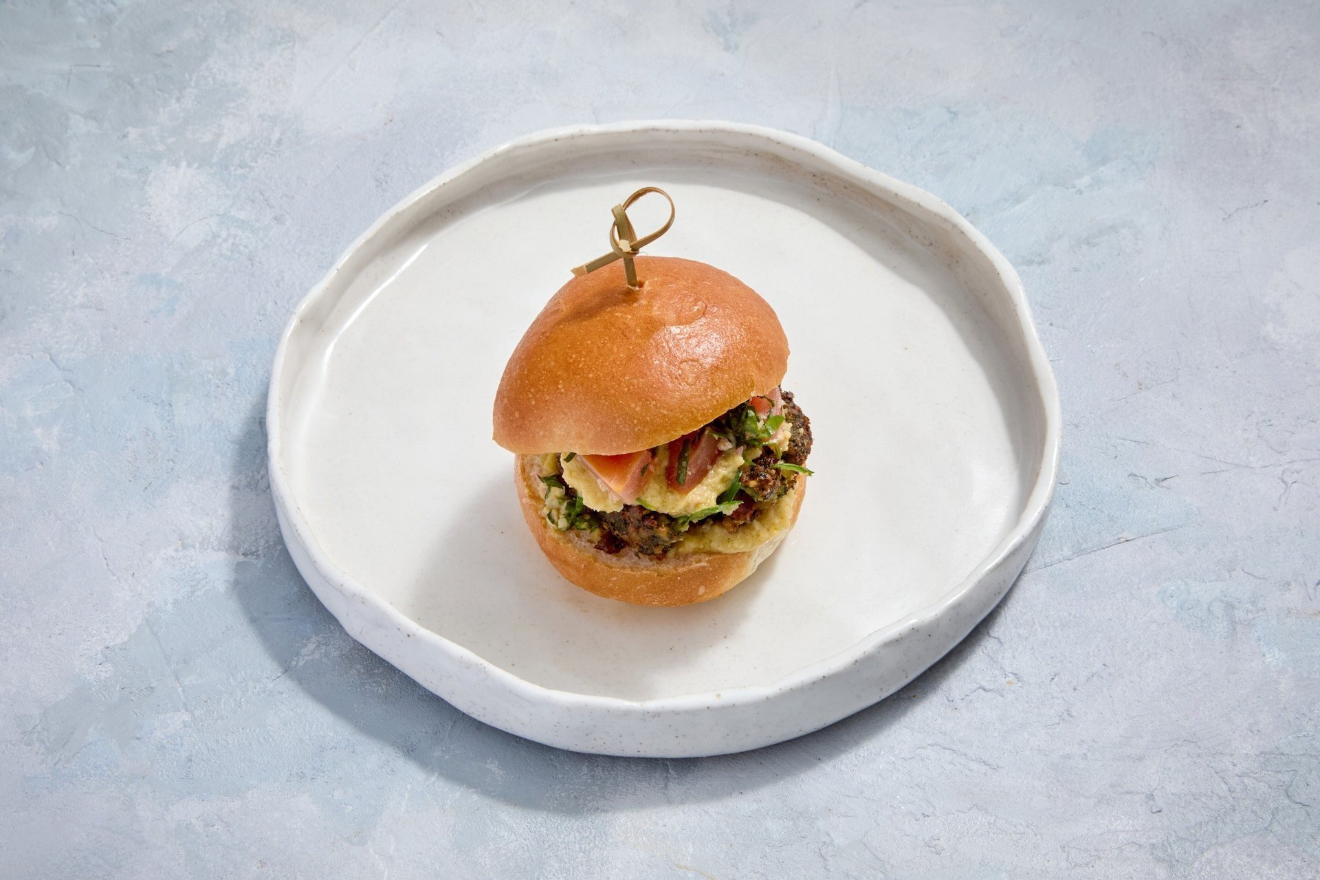 Felafel, Sliced Tomato, Hummus and Tabouli slider (Vegetarian)