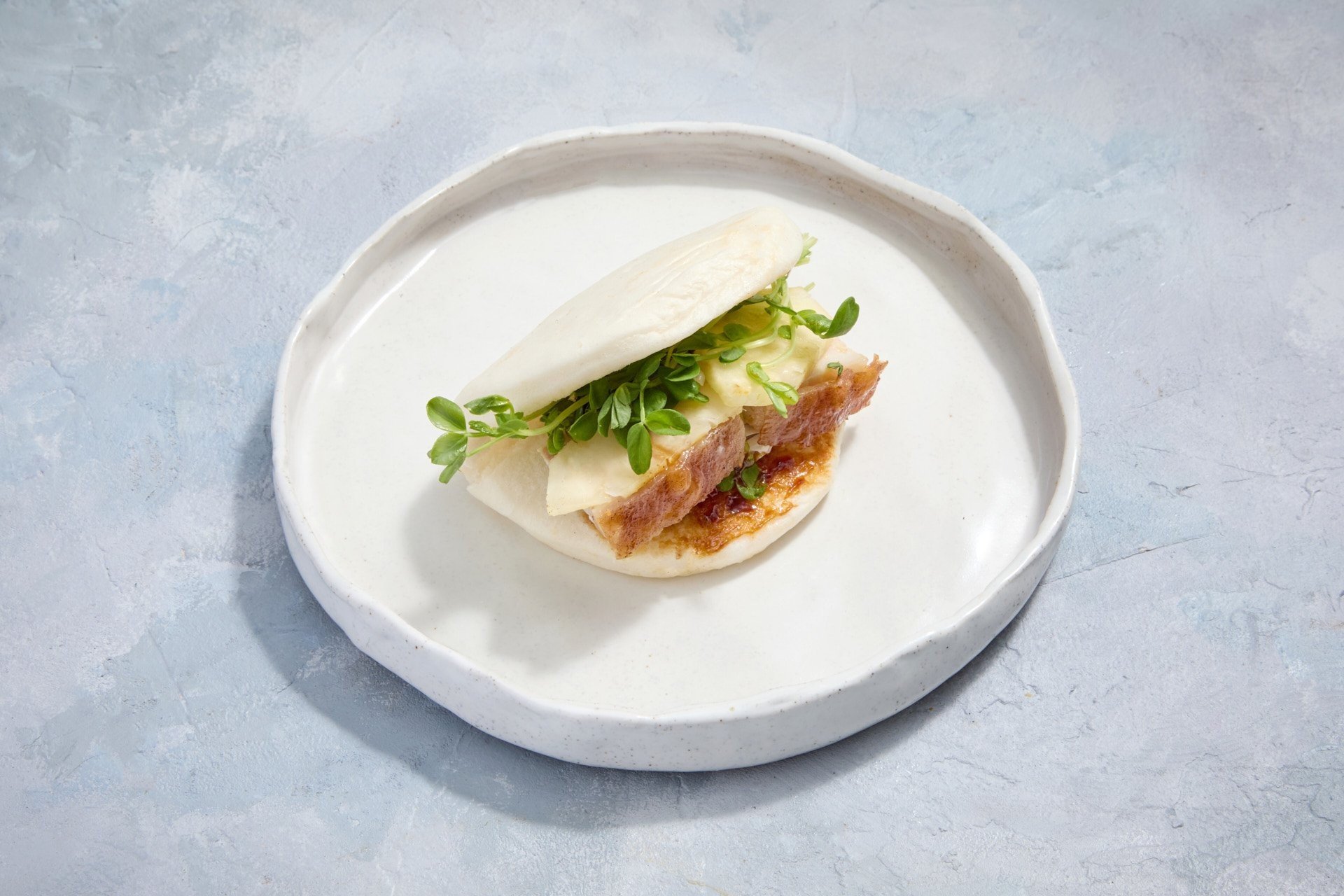 Substantial:  Pork Belly Bao bun, Pineapple, Pickled Daikon, Watercress