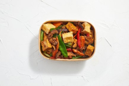 Stir-fried-Asian-Greens,-Tofu,-Szechuan-peppercorn-and-sweet-bean-sauce---Individual-hot-meals