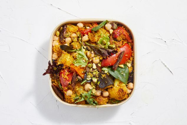 Individual: Cous Cous w/ Chermoula Spiced Roast Vegetables, Chickpeas, dates, Cumin roasted cauliflower and Pistachio, served with Preserved Lemon Dressing